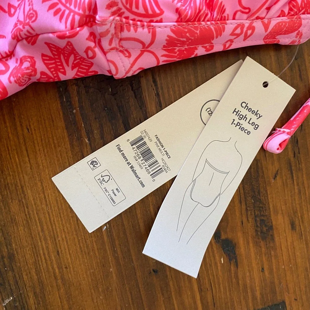 No Boundaries Pink Tropical Cheeky High Leg One Piece Swimsuit L 12-14 NWT